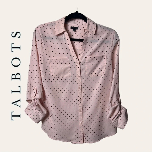 1130.‎ Talbots BUTTON UP TOP POLKA DOTS PATTERN PINK/BLACK IN COLOR SIZE SMALL - Picture 1 of 9